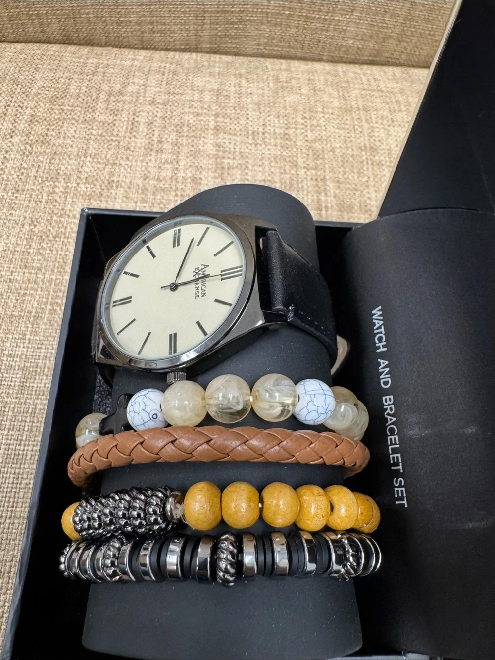 American Exchange Watch & Bracelet Set, Black Strap, Braided Cross, Wood
